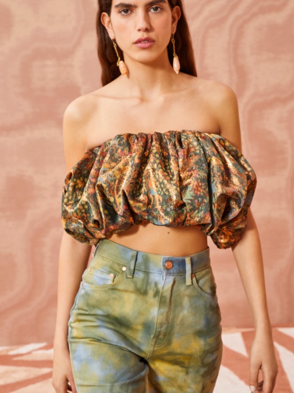 Ulla Johnson Metallic Floral Off-Shoulder Puff Crop Top — Green & Gold